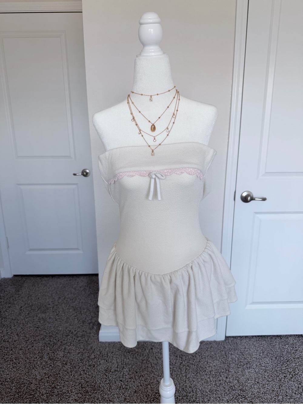 Pink Lace Trim Strapless Mini Dress Coquette